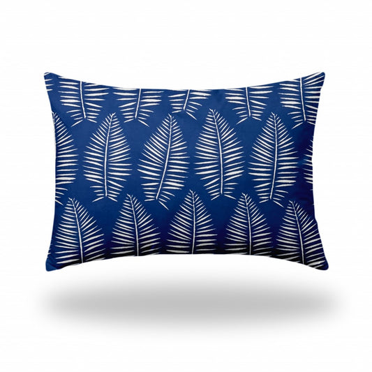 14" X 20" Blue And White Blown Seam Tropical Lumbar Indoor Outdoor Pillow