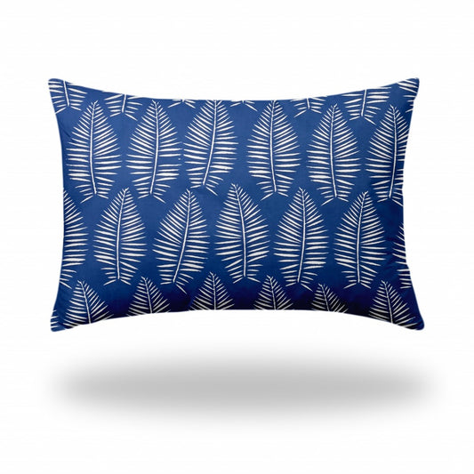 24" X 36" Blue And White Blown Seam Tropical Lumbar Indoor Outdoor Pillow