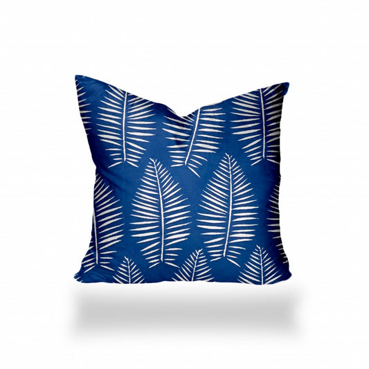 14" X 14" Blue And White Blown Seam Tropical Throw Indoor Outdoor Pillow