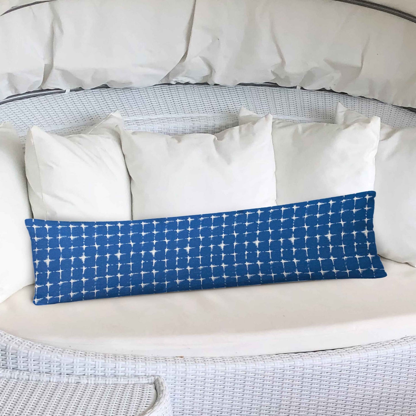 12" X 48" Blue And White Blown Seam Gingham Lumbar Indoor Outdoor Pillow