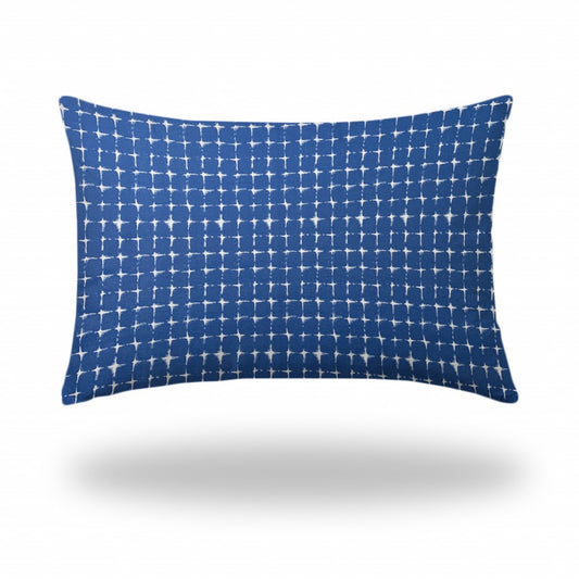 24" X 36" Blue And White Enveloped Gingham Lumbar Indoor Outdoor Pillow Cover