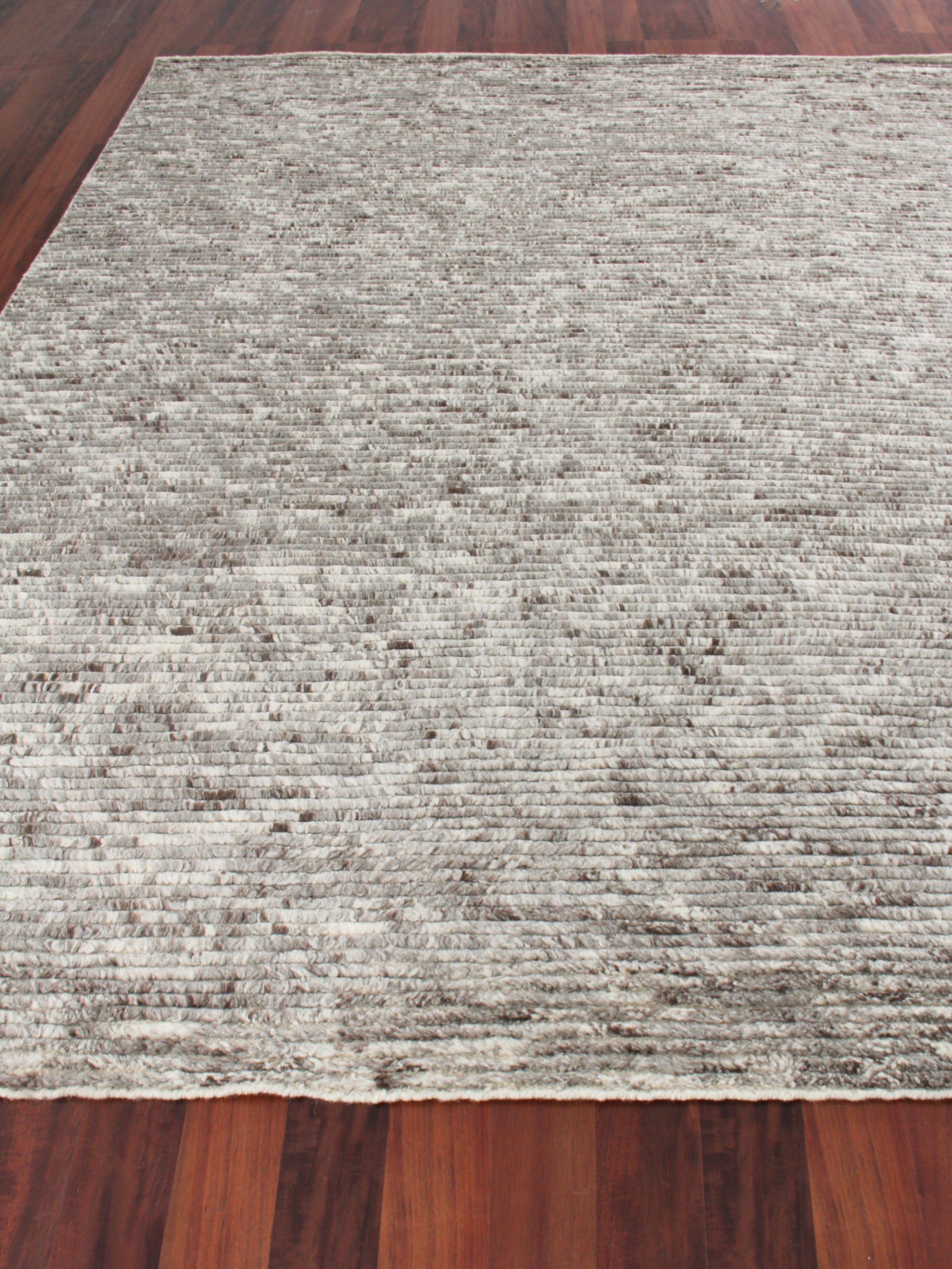 Neutral gray-beige textured area rug with subtle speckled pattern on dark wood floor