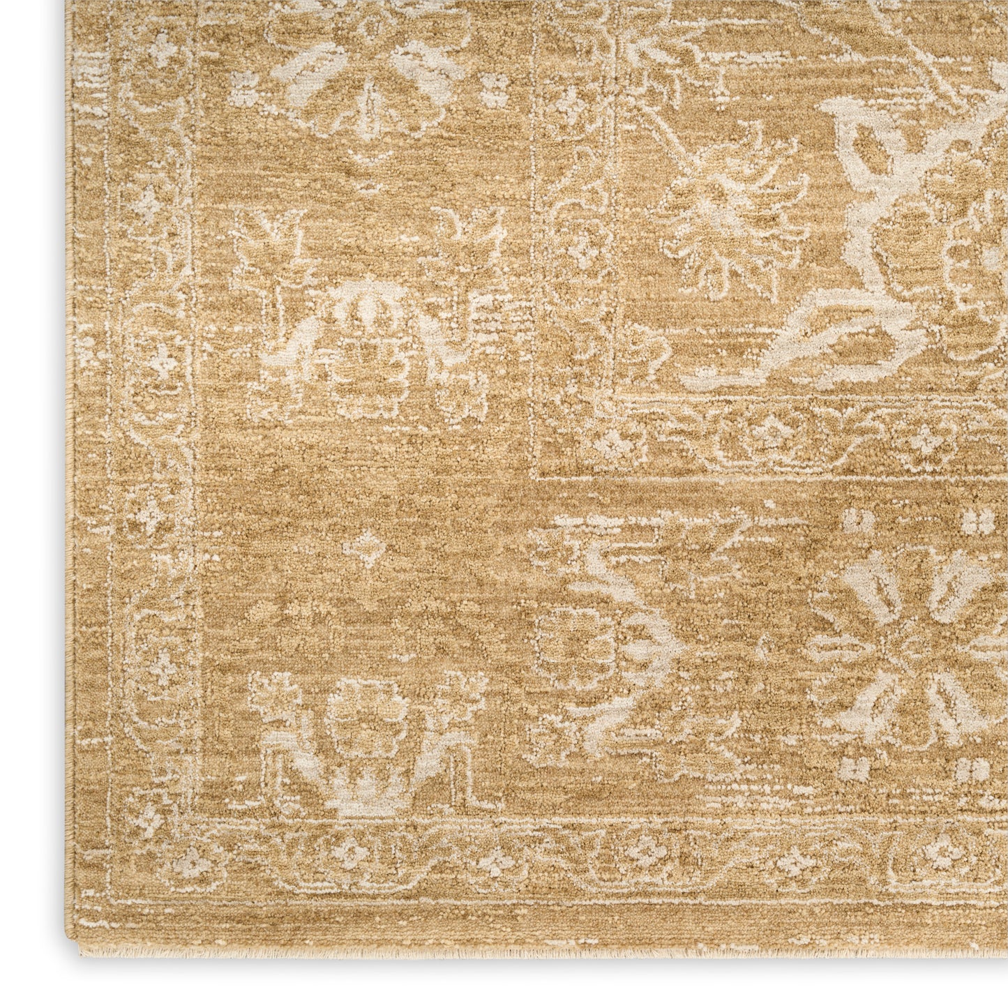 Beige oriental area rug with ivory floral border, distressed vintage pattern and warm gold tones.