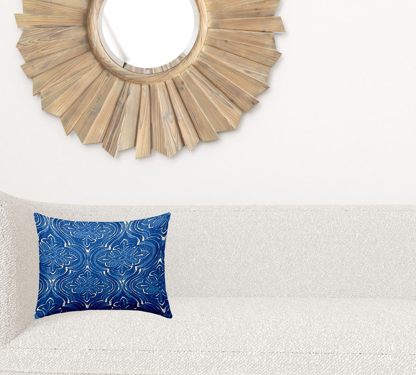 12" X 16" Blue And White Blown Seam Ikat Lumbar Indoor Outdoor Pillow