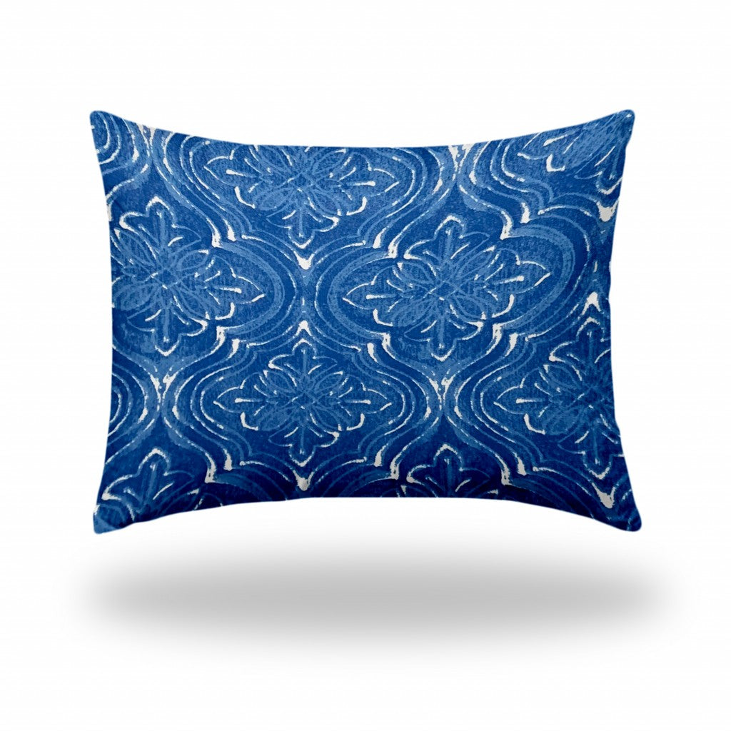 12" X 16" Blue And White Zippered Ikat Lumbar Indoor Outdoor Pillow