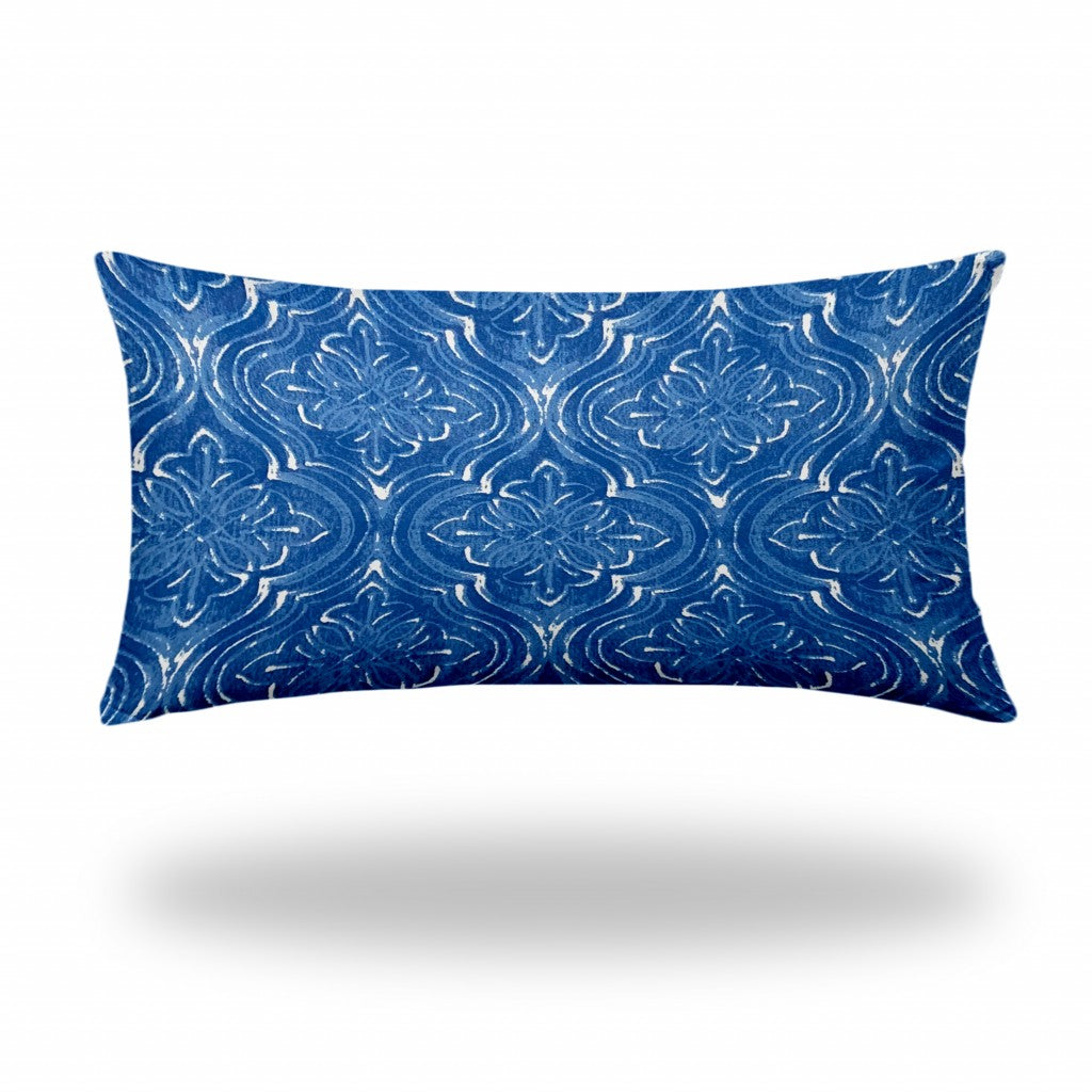 14" X 24" Blue And White Enveloped Ogee Lumbar Indoor Outdoor Pillow Cover