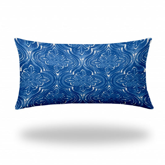 14" X 24" Blue And White Enveloped Ikat Lumbar Indoor Outdoor Pillow