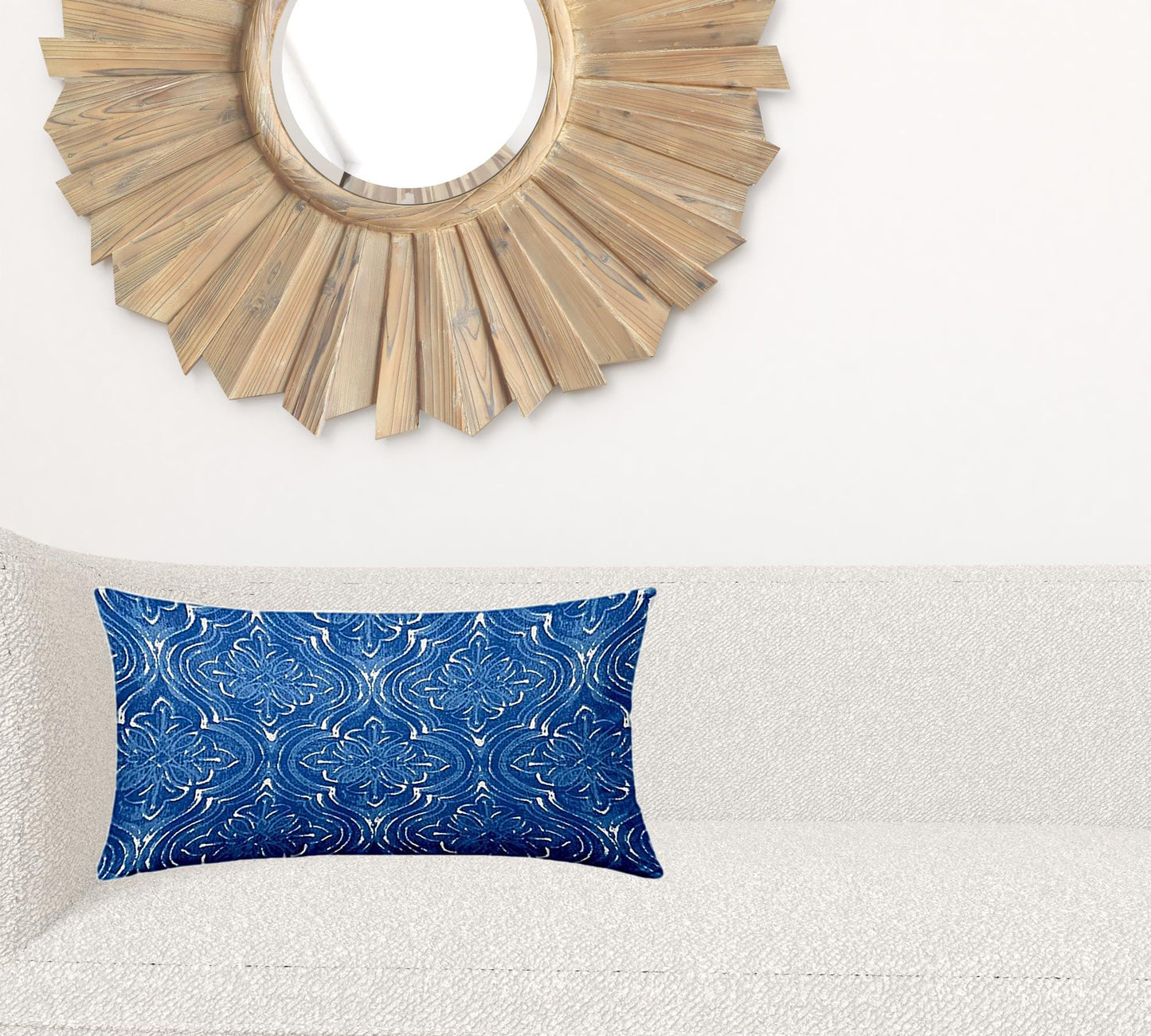 14" X 24" Blue And White Enveloped Ikat Lumbar Indoor Outdoor Pillow