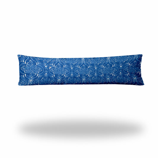 12" X 48" Blue And White Enveloped Ikat Lumbar Indoor Outdoor Pillow