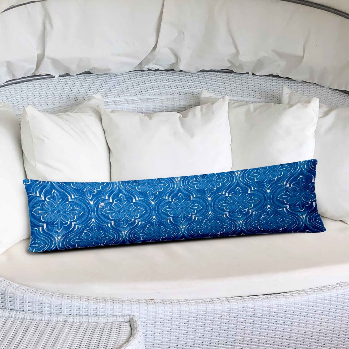 12" X 48" Blue And White Enveloped Ikat Lumbar Indoor Outdoor Pillow