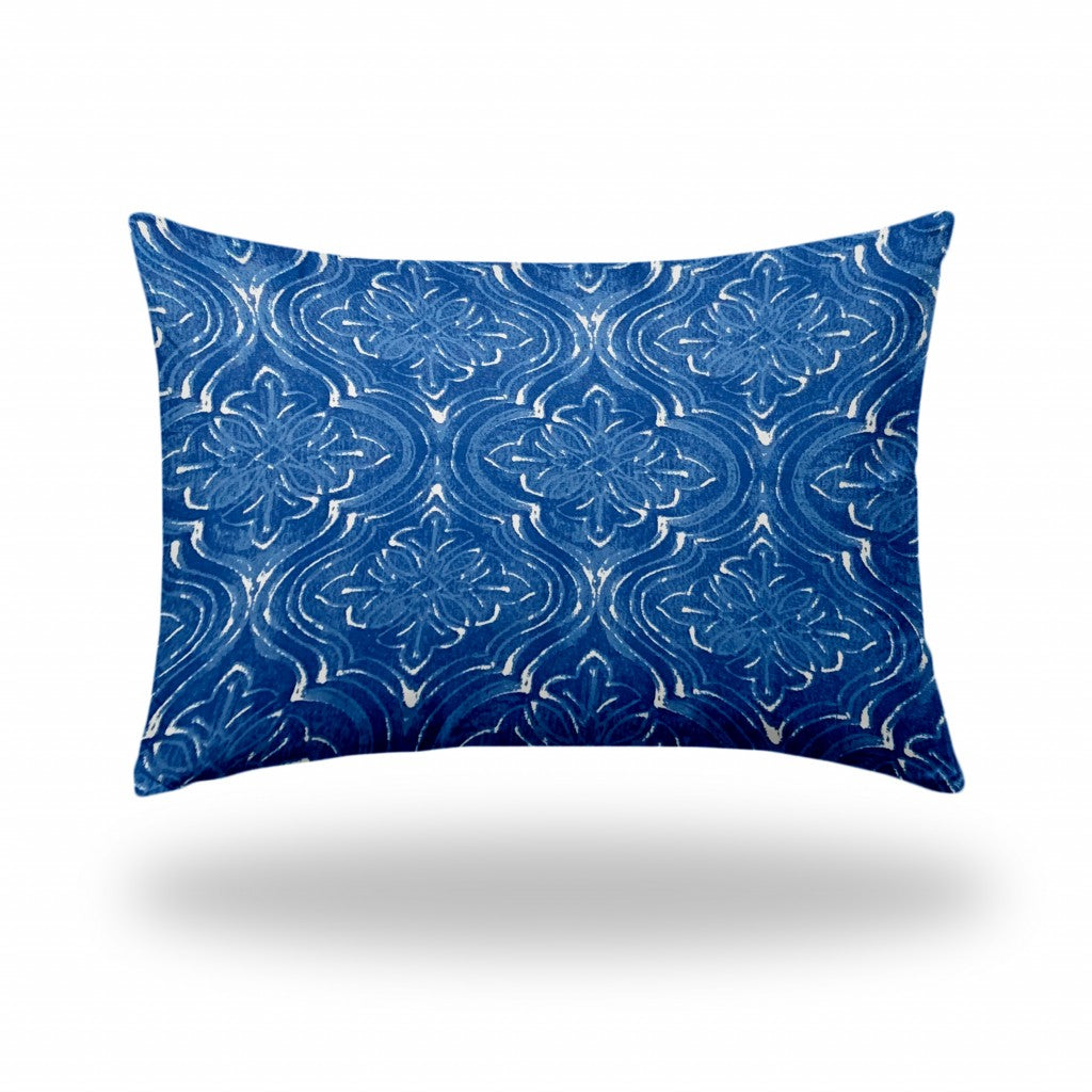 14" X 20" Blue And White Zippered Ikat Lumbar Indoor Outdoor Pillow Cover