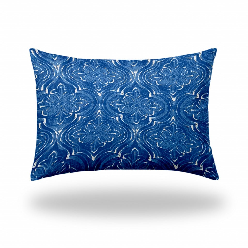 14" X 20" Blue And White Zippered Ikat Lumbar Indoor Outdoor Pillow