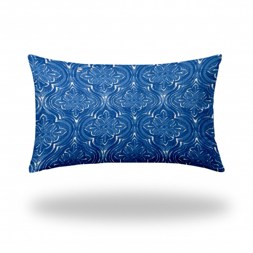 16" X 26" Blue And White Enveloped Ikat Lumbar Indoor Outdoor Pillow