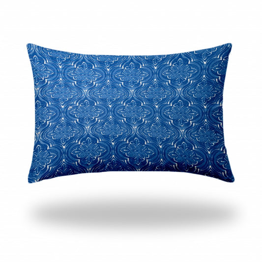 24" X 36" Blue And White Enveloped Ikat Lumbar Indoor Outdoor Pillow