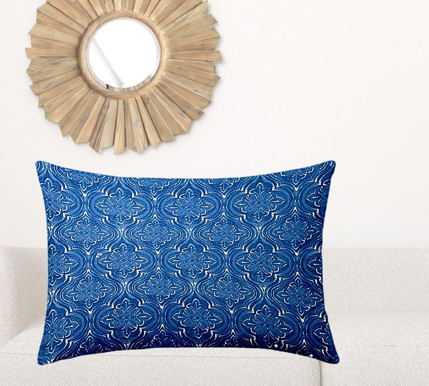 24" X 36" Blue And White Zippered Ikat Lumbar Indoor Outdoor Pillow