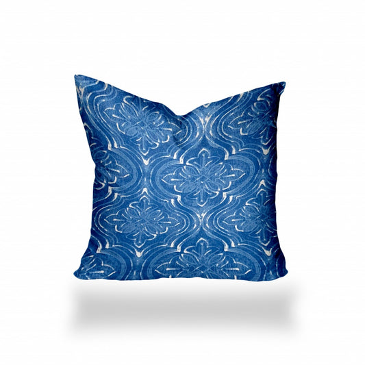 14" X 14" Blue And White Zippered Ikat Throw Indoor Outdoor Pillow Cover