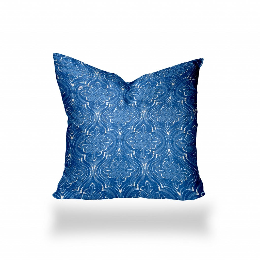 24" X 24" Blue And White Zippered Ikat Throw Indoor Outdoor Pillow Cover