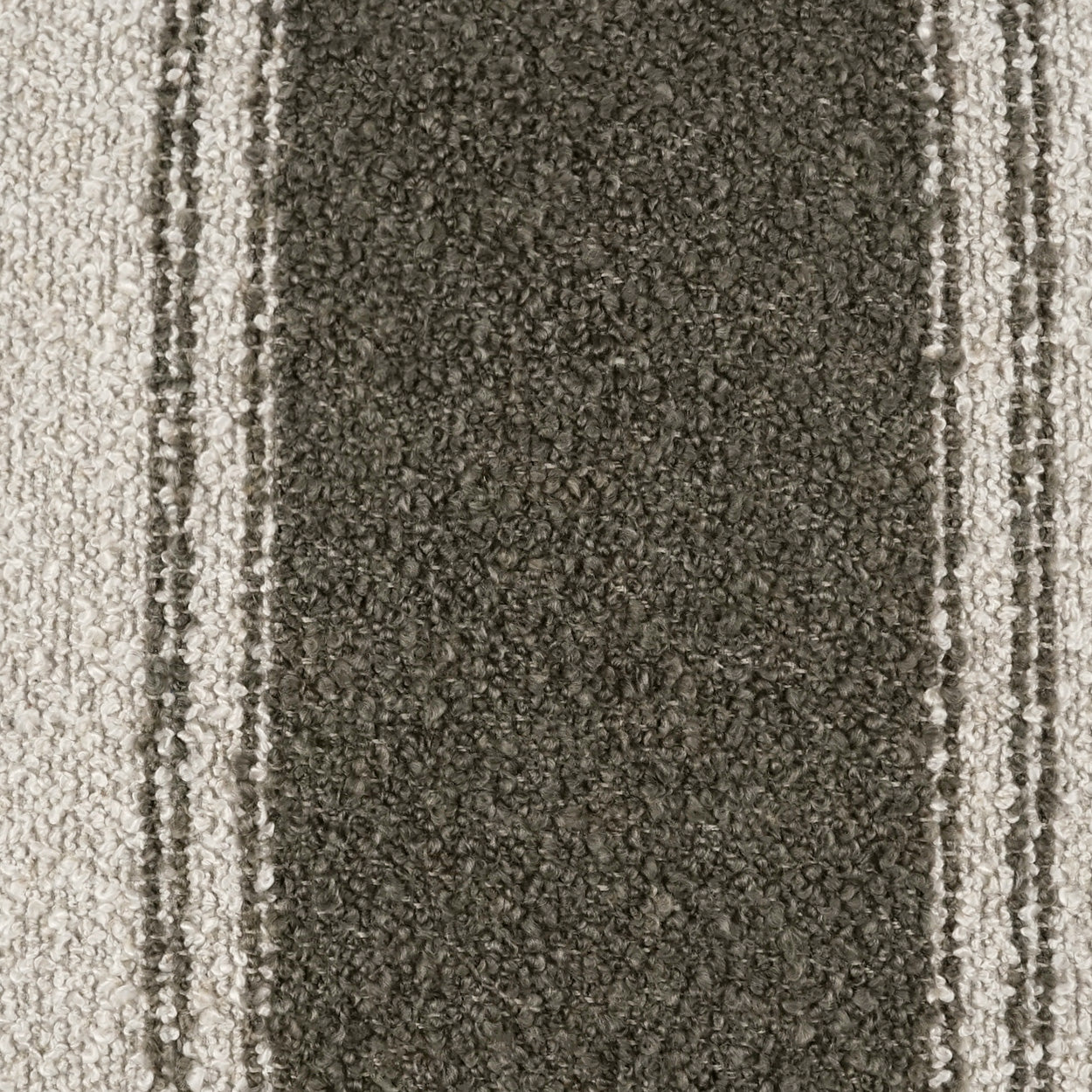 Striped textured area rug with a dark charcoal center and light beige side borders; soft loop pile for living rooms.