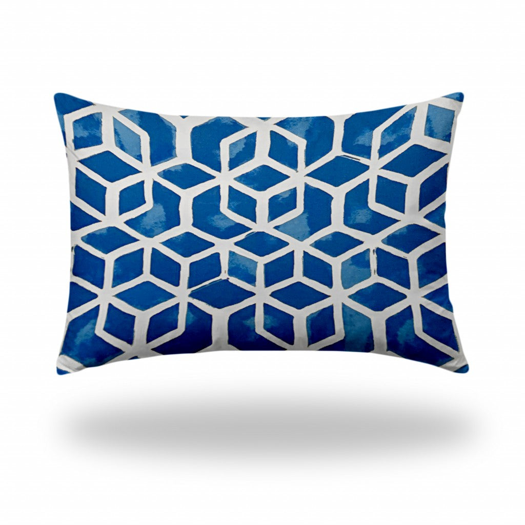 12" X 18" Blue And White Enveloped Honeycomb Lumbar Indoor Outdoor Pillow Cover