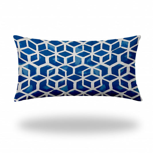 14" X 24" Blue And White Enveloped Honeycomb Lumbar Indoor Outdoor Pillow Cover