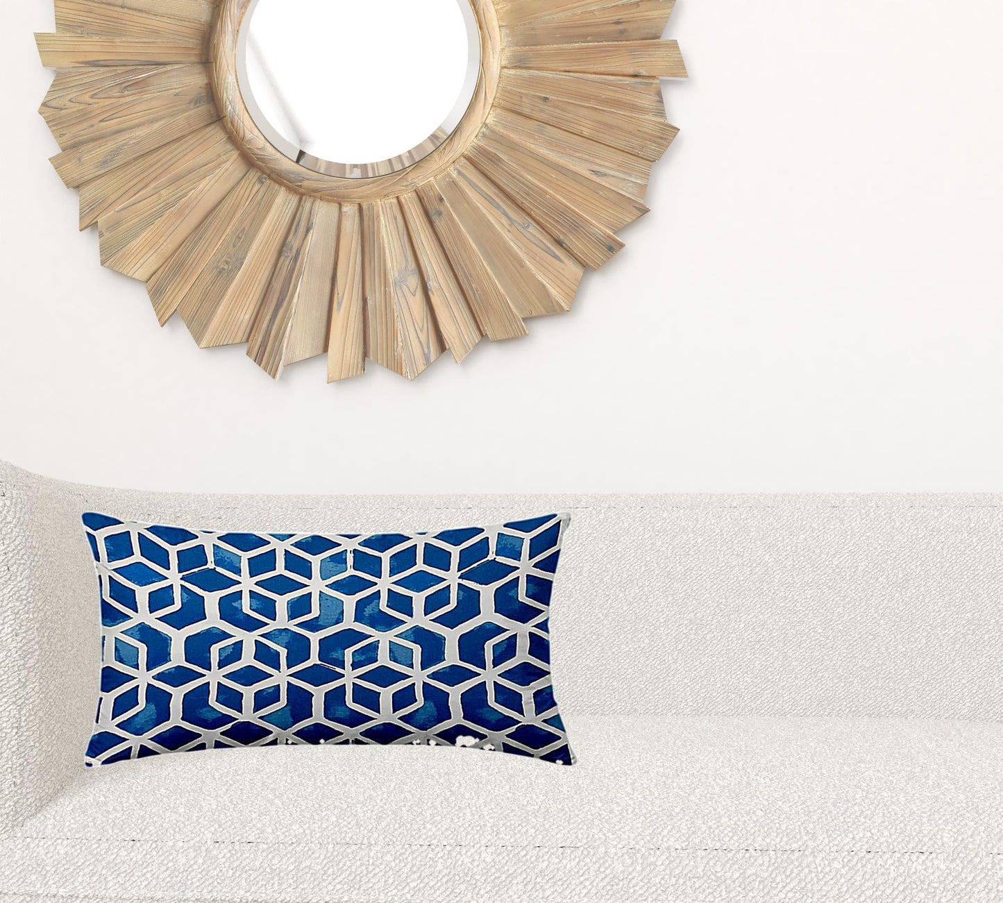 14" X 24" Blue And White Zippered Geometric Lumbar Indoor Outdoor Pillow