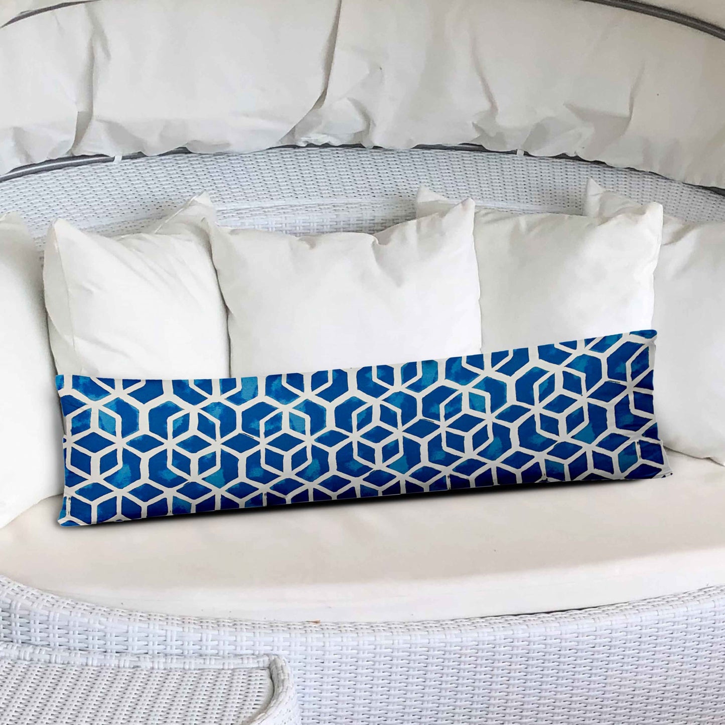 12" X 48" Blue And White Enveloped Geometric Lumbar Indoor Outdoor Pillow