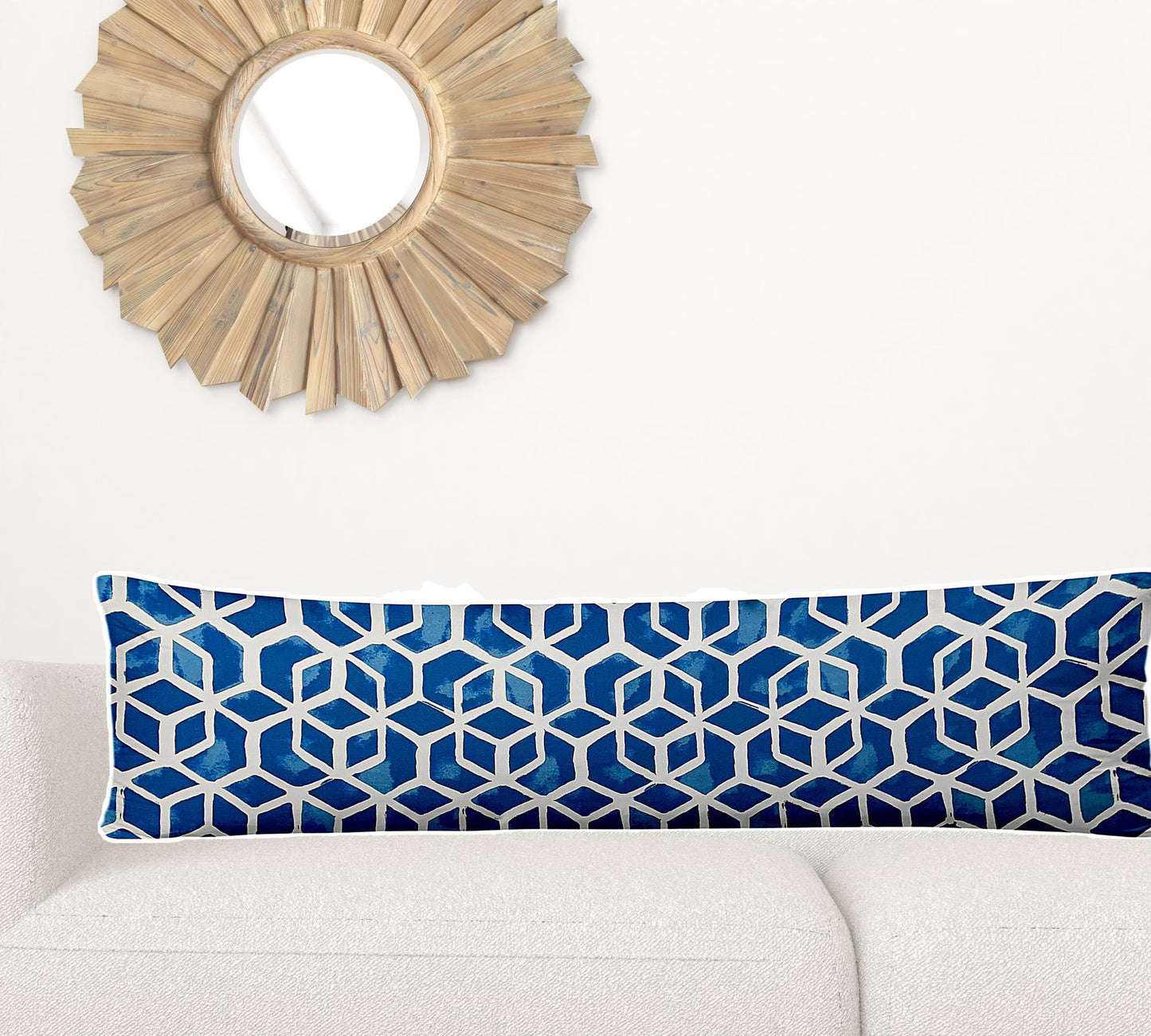 12" X 48" Blue And White Enveloped Geometric Lumbar Indoor Outdoor Pillow