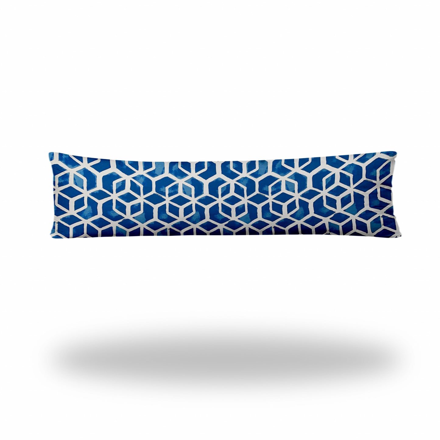 12" X 48" Blue And White Blown Seam Geometric Lumbar Indoor Outdoor Pillow