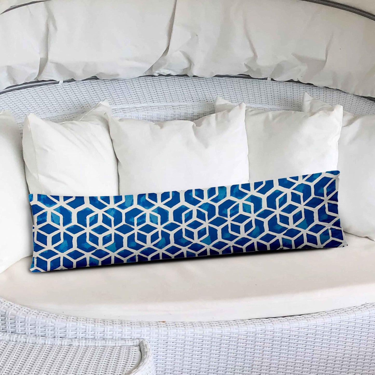 12" X 48" Blue And White Blown Seam Geometric Lumbar Indoor Outdoor Pillow