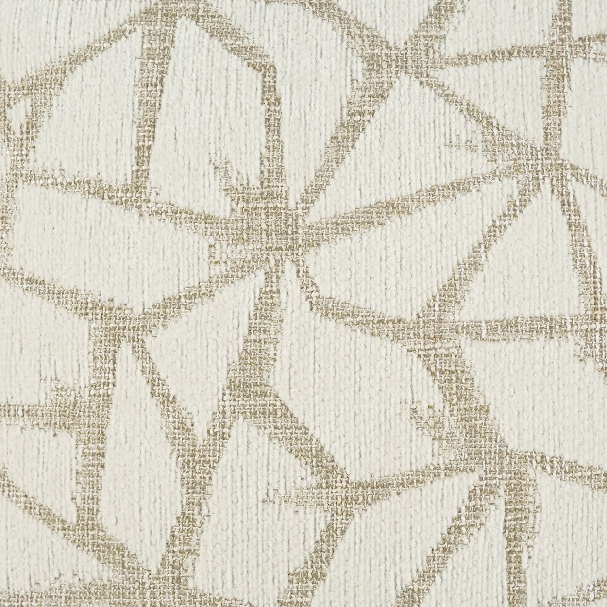 Cream textured fabric with tan abstract geometric pattern; woven surface suitable for upholstery.