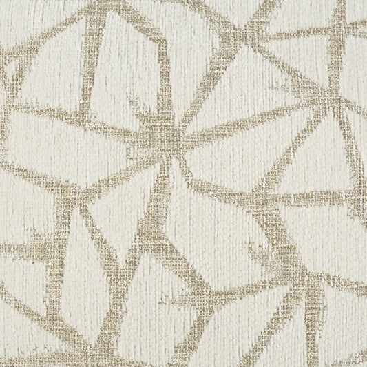 Cream textured fabric with tan abstract geometric pattern; woven surface suitable for upholstery.