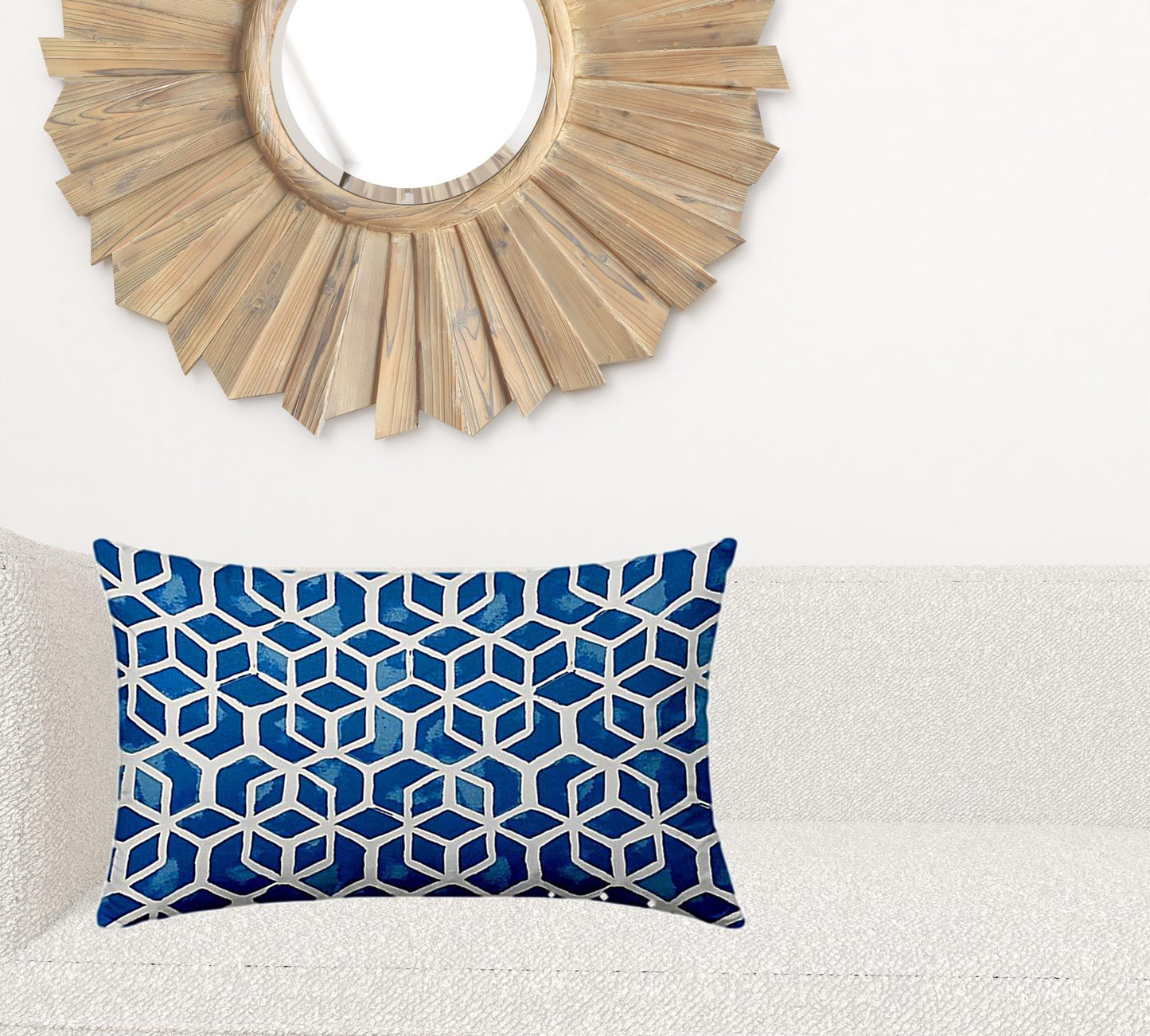 16" X 26" Blue And White Enveloped Geometric Lumbar Indoor Outdoor Pillow