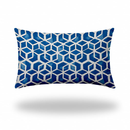 16" X 26" Blue And White Blown Seam Geometric Lumbar Indoor Outdoor Pillow