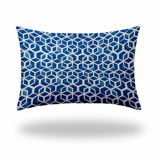24" X 36" Blue And White Enveloped Geometric Lumbar Indoor Outdoor Pillow