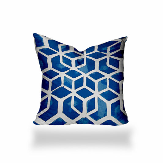 12" X 12" Blue and White Geometric Shapes Indoor Outdoor Throw Pillow Cover