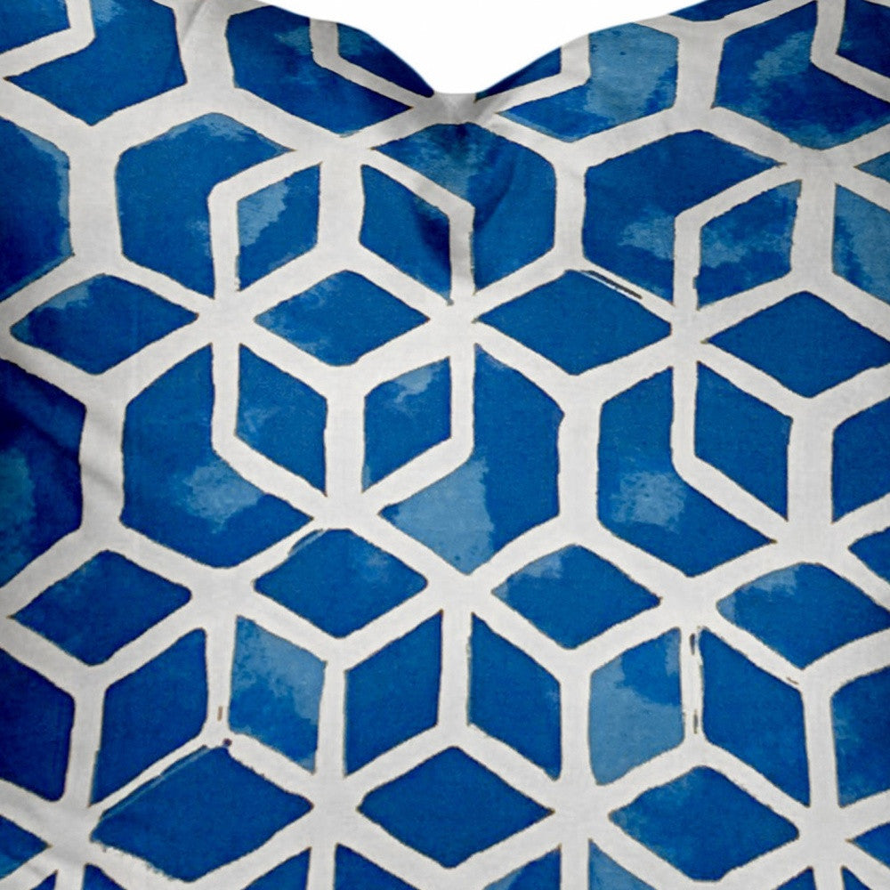 14" X 14" Blue and White Geometric Shapes Indoor Outdoor Throw Pillow Cover