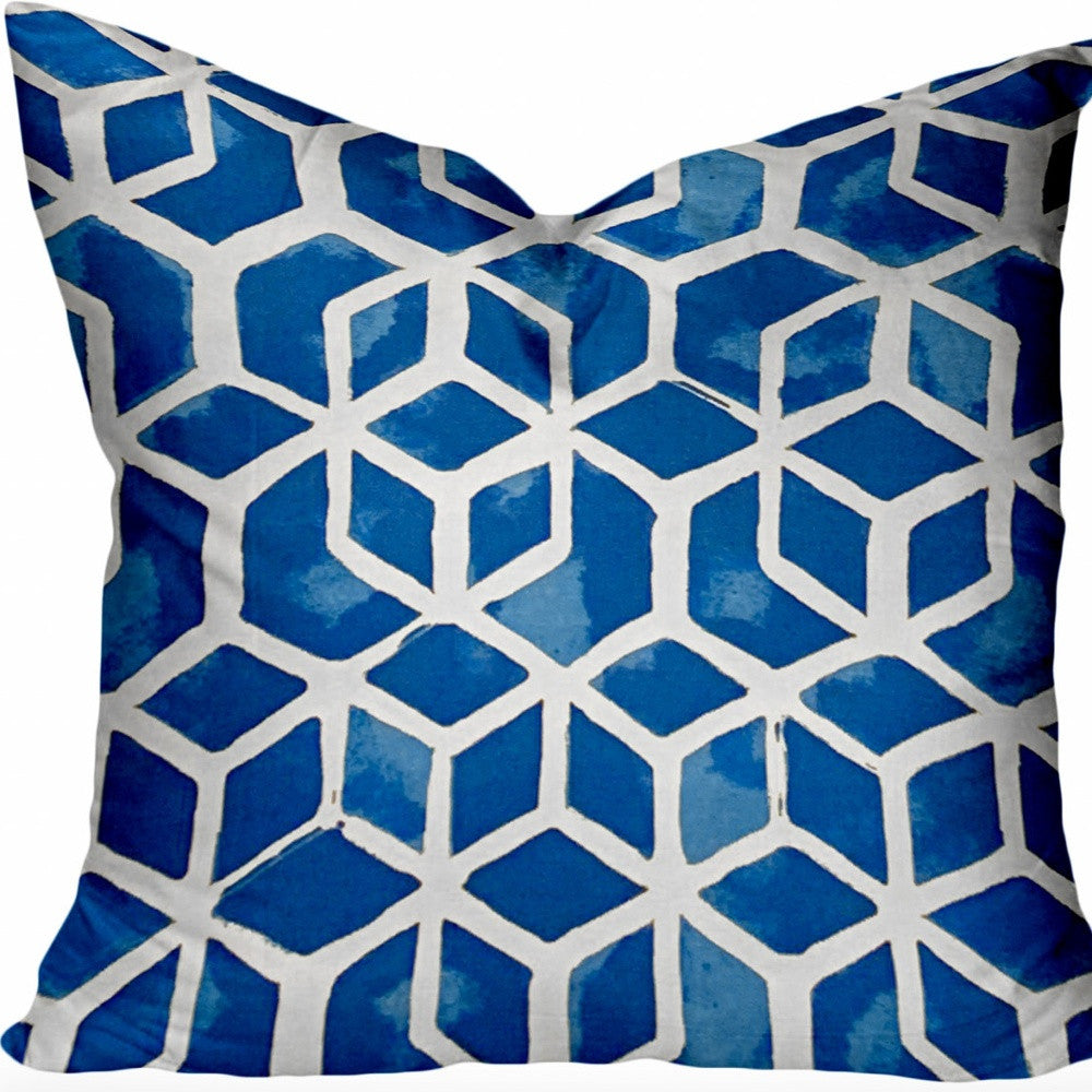 14" X 14" Blue and White Geometric Shapes Indoor Outdoor Throw Pillow Cover