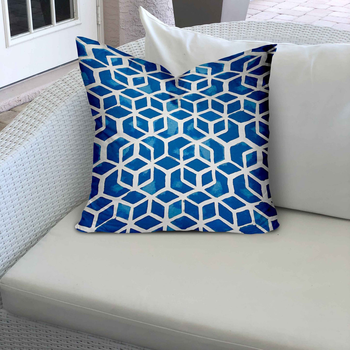 14" X 14" Blue And White Blown Seam Geometric Throw Indoor Outdoor Pillow