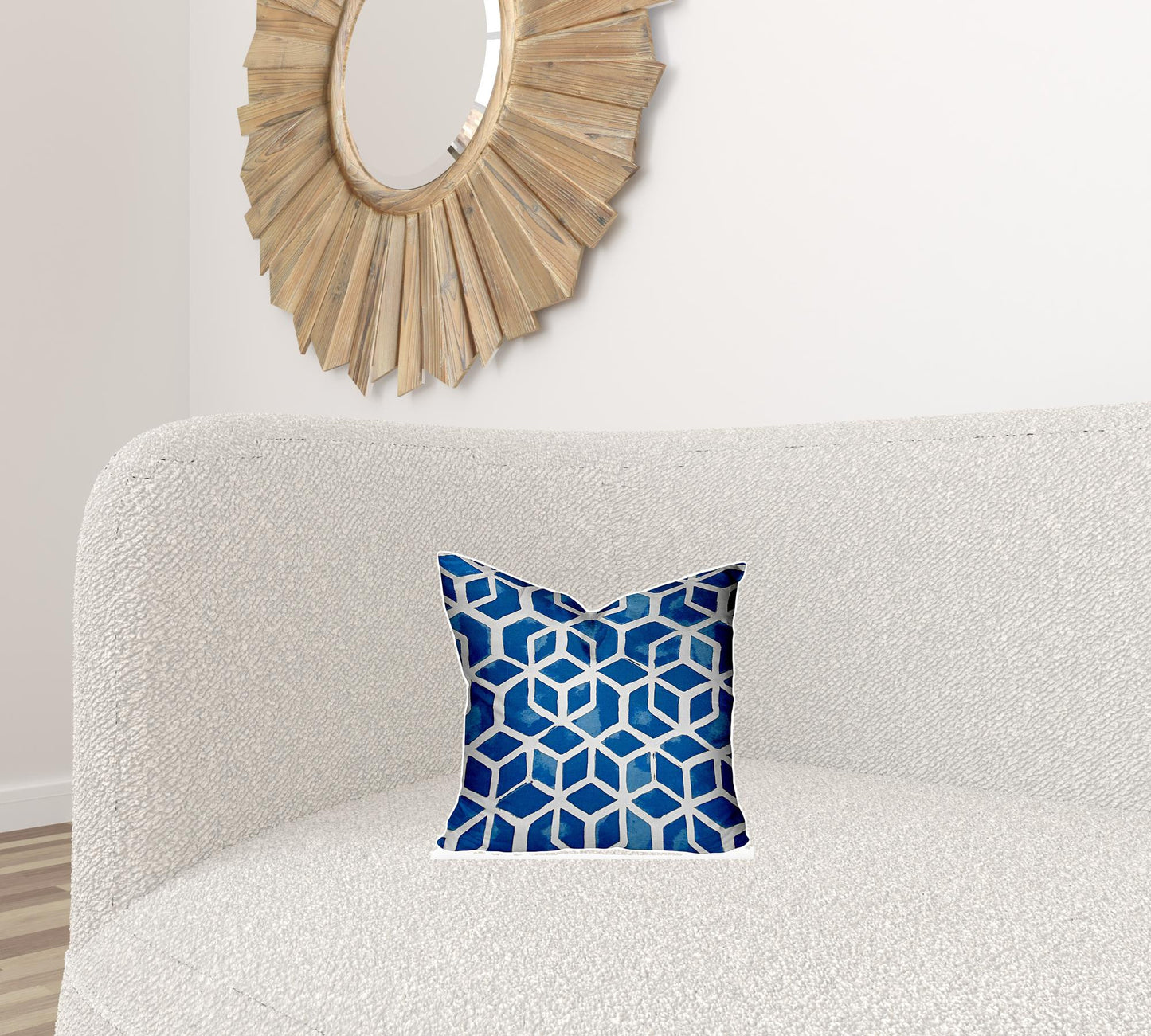 14" X 14" Blue And White Blown Seam Geometric Throw Indoor Outdoor Pillow