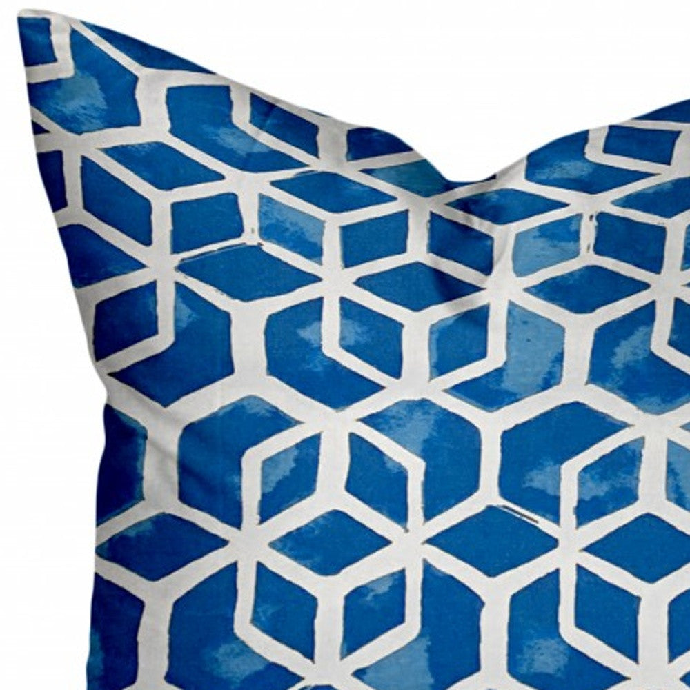 16" X 16" Blue and White Geometric Shapes Indoor Outdoor Throw Pillow Cover