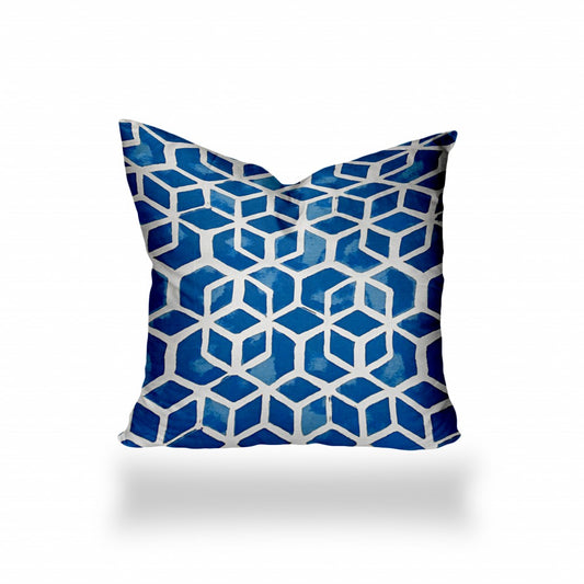 16" X 16" Blue And White Enveloped Geometric Throw Indoor Outdoor Pillow