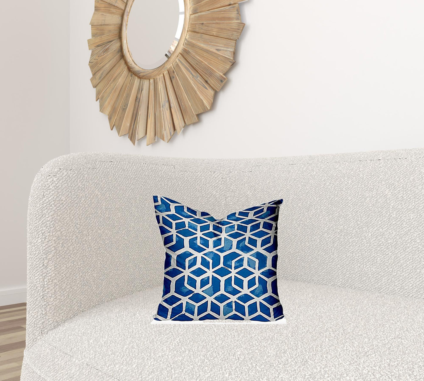 16" X 16" Blue And White Enveloped Geometric Throw Indoor Outdoor Pillow
