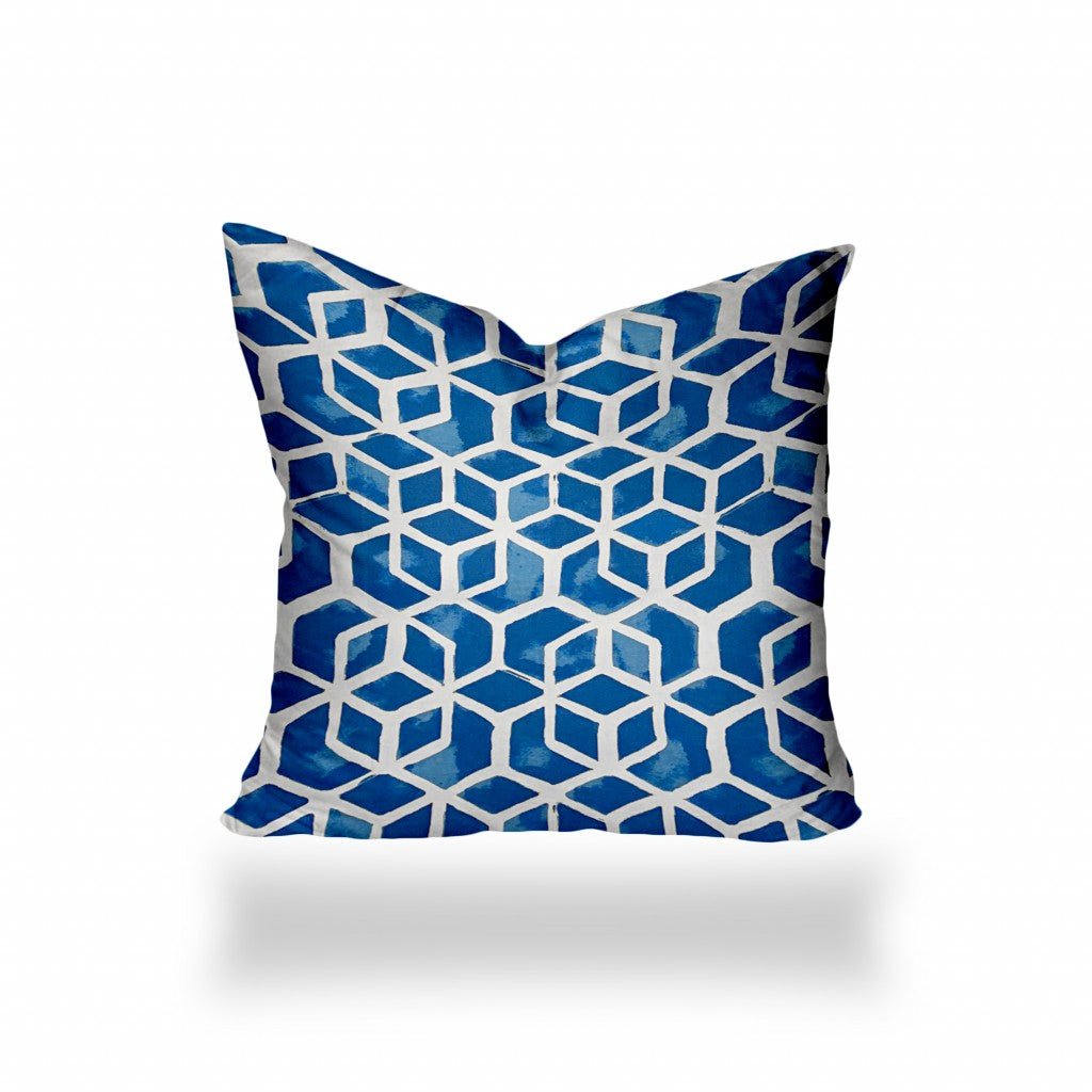 17" X 17" Blue And White Blown Seam Geometric Throw Indoor Outdoor Pillow