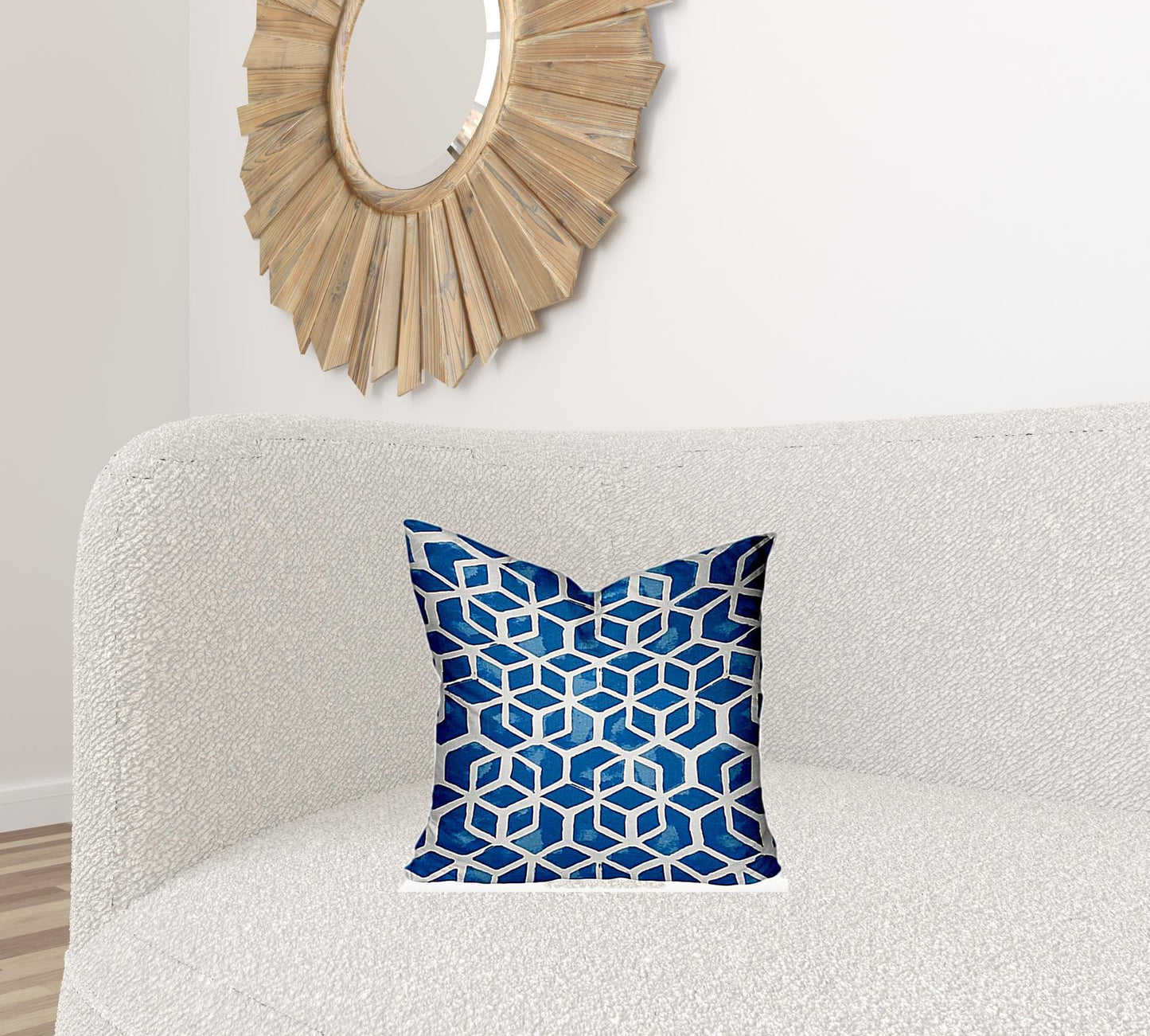 17" X 17" Blue And White Blown Seam Geometric Throw Indoor Outdoor Pillow