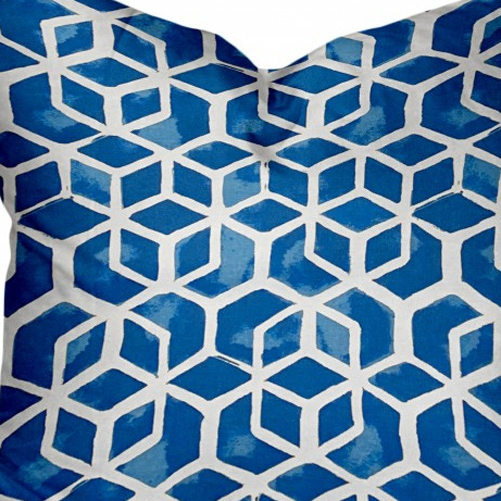 18" X 18" Blue and White Geometric Shapes Indoor Outdoor Throw Pillow Cover