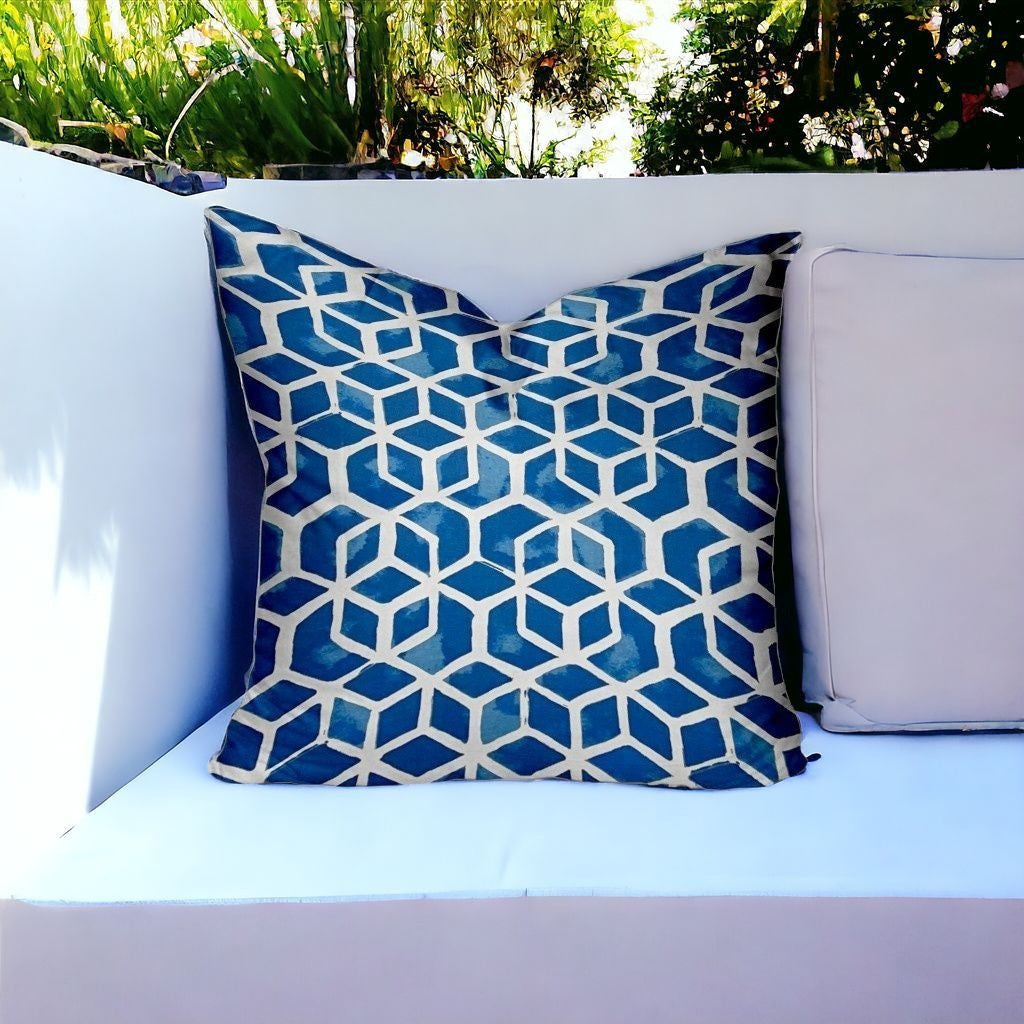 20" X 20" Blue and White Geometric Shapes Indoor Outdoor Throw Pillow Cover