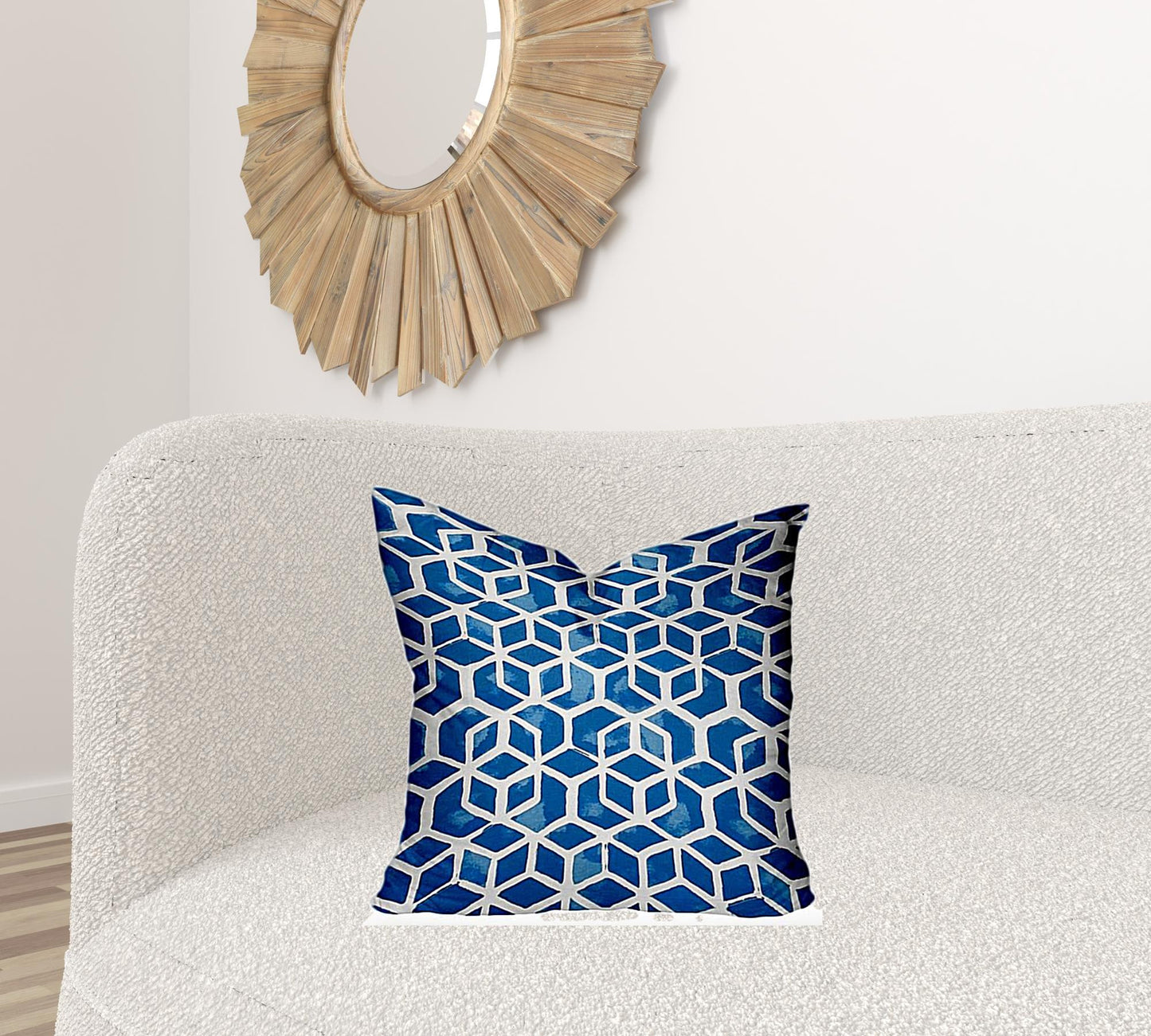 20" X 20" Blue And White Enveloped Geometric Throw Indoor Outdoor Pillow