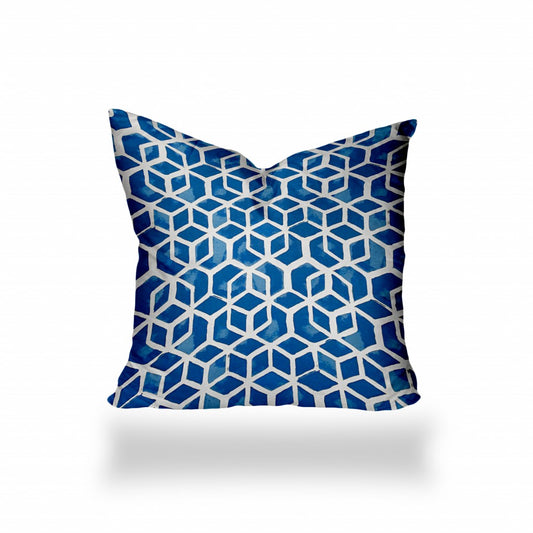 22" X 22" Blue and White Geometric Shapes Indoor Outdoor Throw Pillow Cover