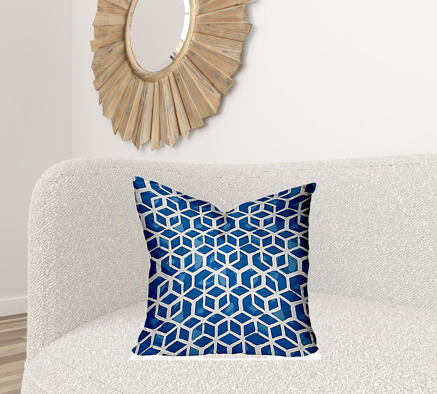 22" X 22" Blue And White Enveloped Geometric Throw Indoor Outdoor Pillow