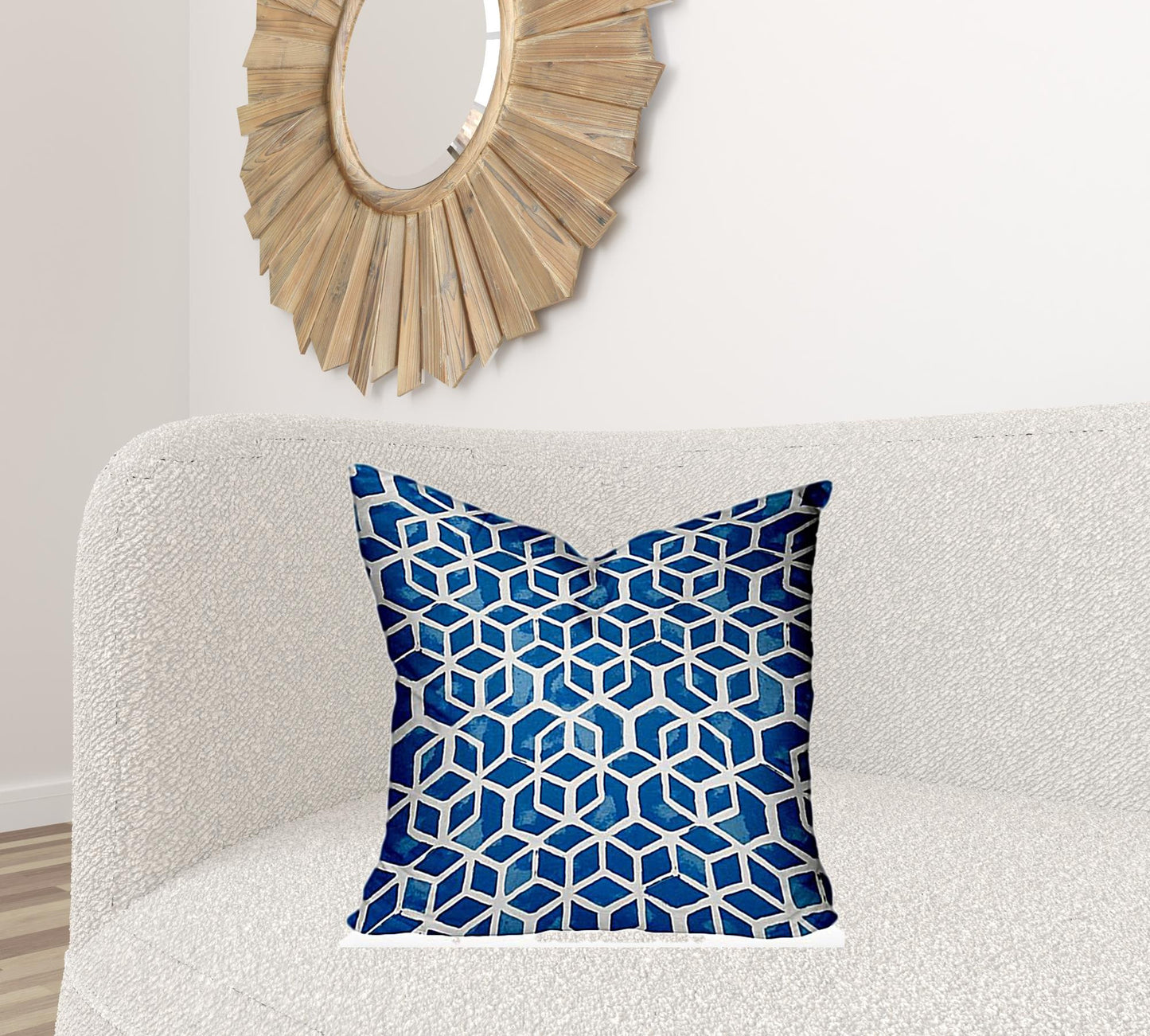 22" X 22" Blue And White Blown Seam Geometric Throw Indoor Outdoor Pillow